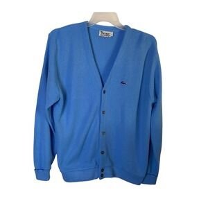 Izod Lacoste Mens Vintage Cardigan Sweater Blue Acrylic Large L Crocodile logo